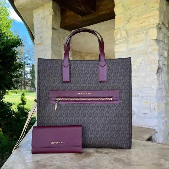Kenly Large MK Signature Tote Wallet Options Gift Merlot handbag+wallet by Michael Kors