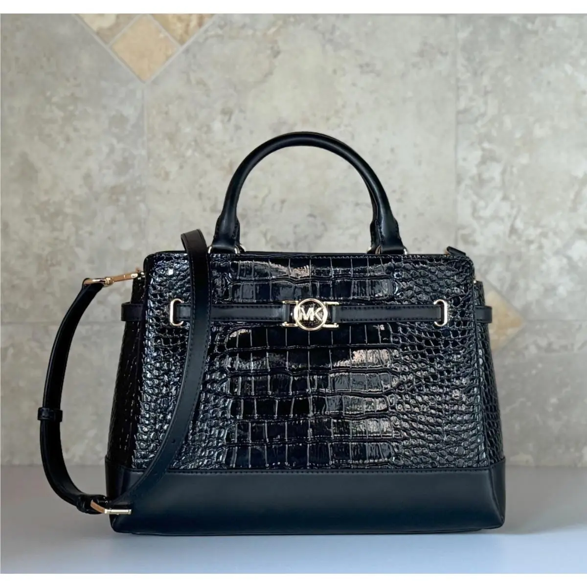 Reed Large Belted Satchel Shoulder Crossbody Bag EXOTIC PATENT BLACK by Michael Kors