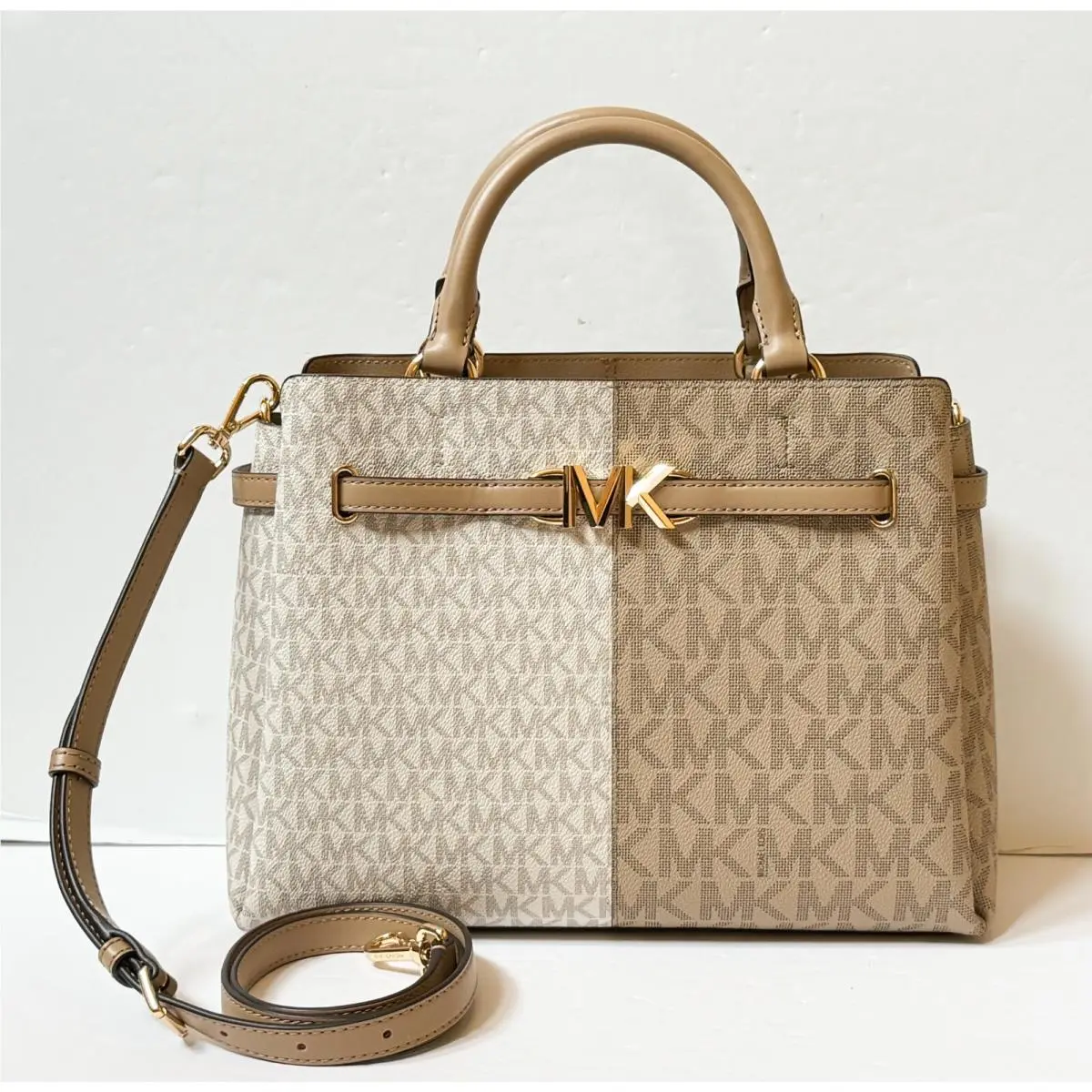 Reed Large Belted Satchel Shoulder Crossbody Bag MK VANILLA/CAMEL MULTI by Michael Kors