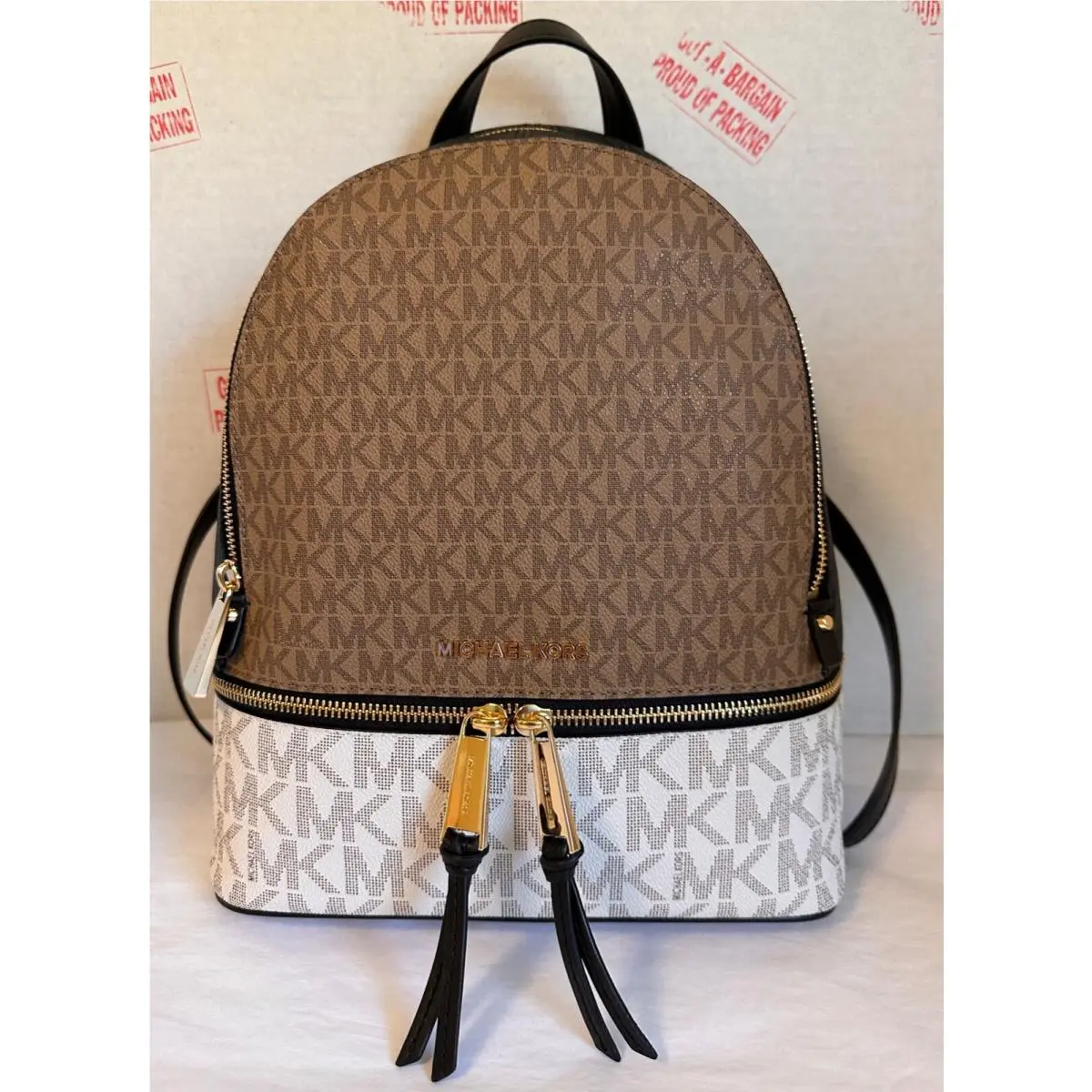 Michael Kors Rhea Zip Medium MK Logo Brown Black Multi Backpack Travel Bag