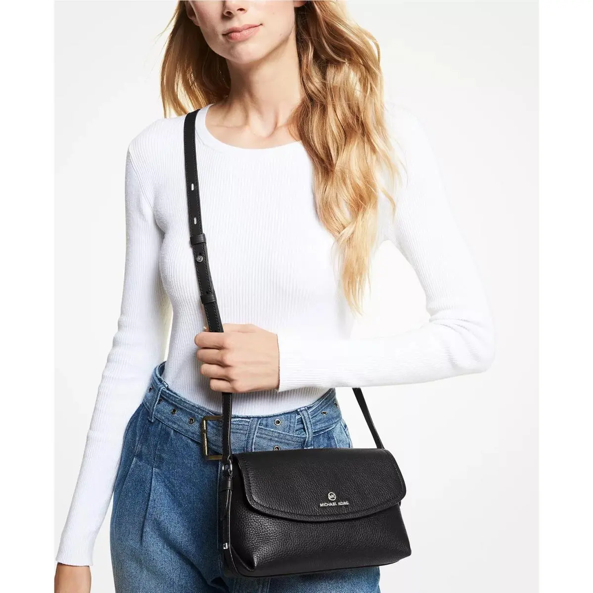 Michael Kors Brooklyn Small Black Brown Pebbled Leather Flap Crossbody Bag
