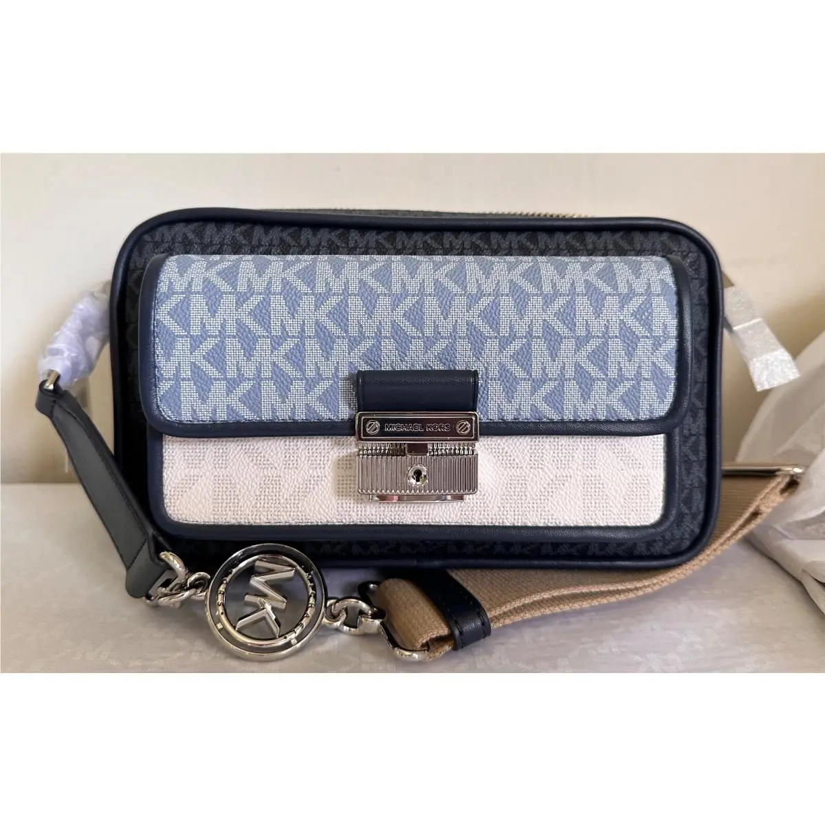 Bradshaw Medium MK Signature Messenger Camera Crossbody Bag CHAMBRAY/NAVY/SILVER by Michael Kors