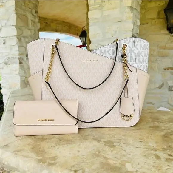 Jet Set Travel Large Chain Shoulder Top Zip Tote MK Wallet Buff by Michael Kors