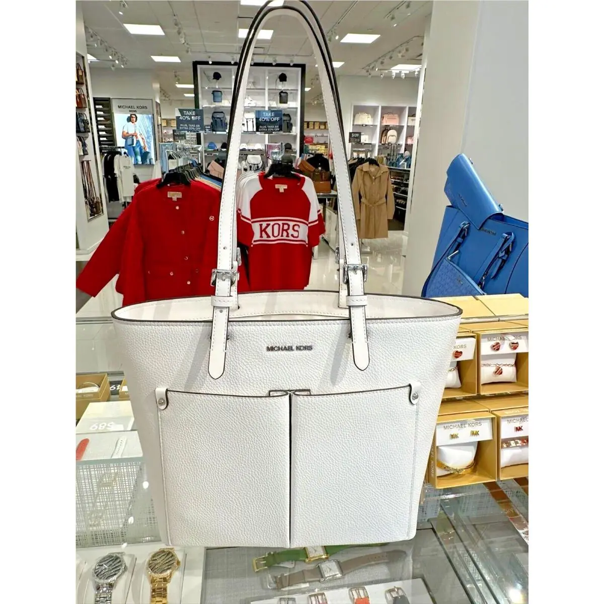 Women Ladies Medium Double Pocket Tote Shoulder Bag Handbag Purse OPTIC WHITE by Michael Kors
