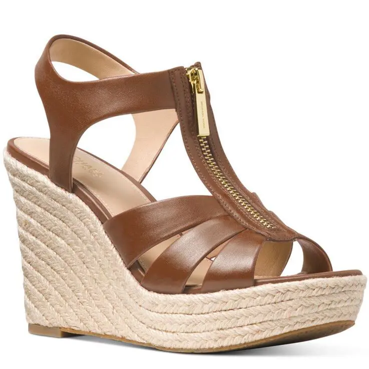 Michael Kors Berkley Leather Espadrille Wedge Sandal Platform Luggage Strap