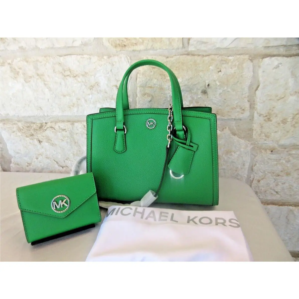 Chantal SM Leather Satchel or Crossbody Cerise or Palm Set Options SET: Small Wallet + Satchel Bright Green Palm by Michael Kors
