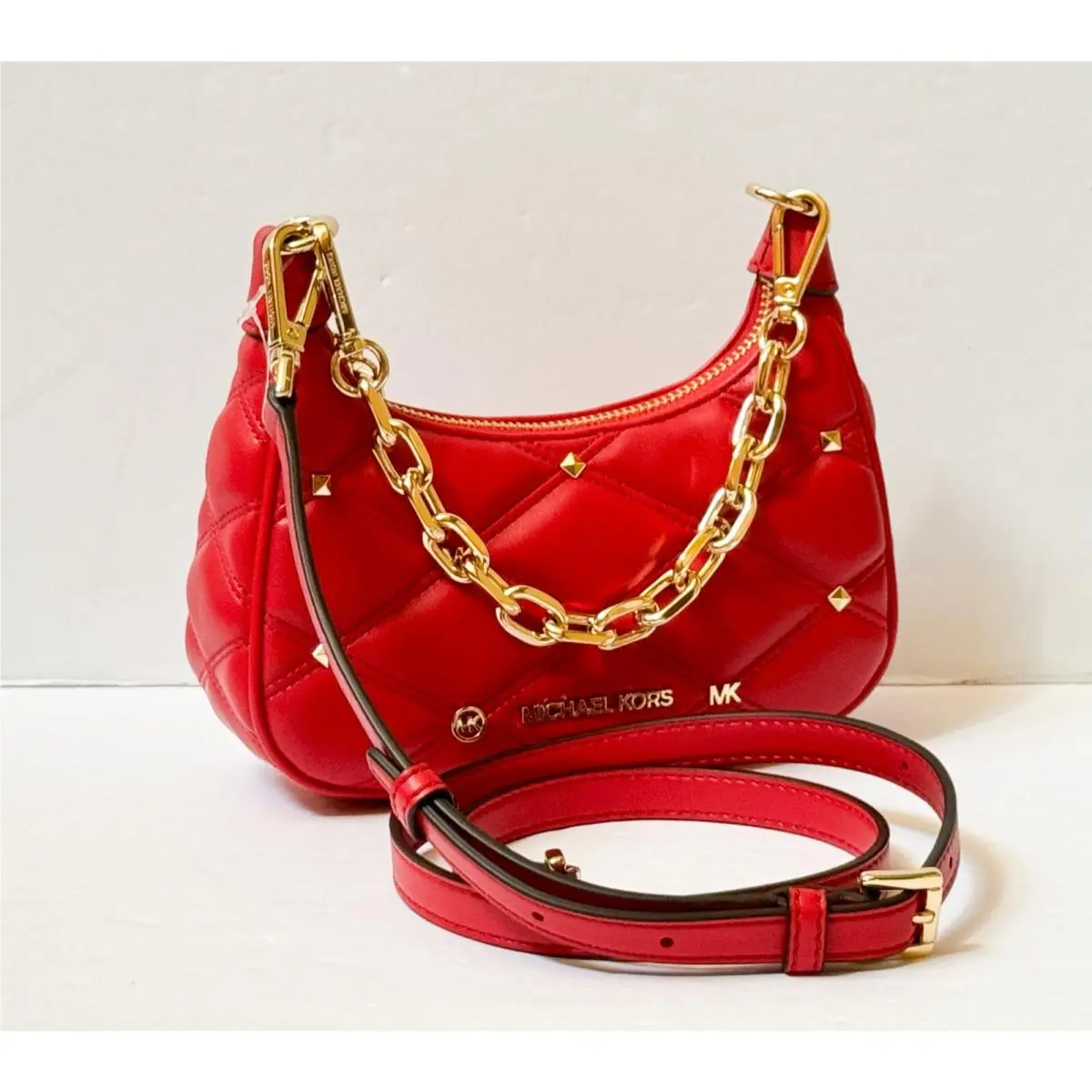 Cora Mini Pouchette Convertible Shoulder Chain Crossbody Bag QUILTED BRIGHT RED/GOLD TONED STUDS by Michael Kors