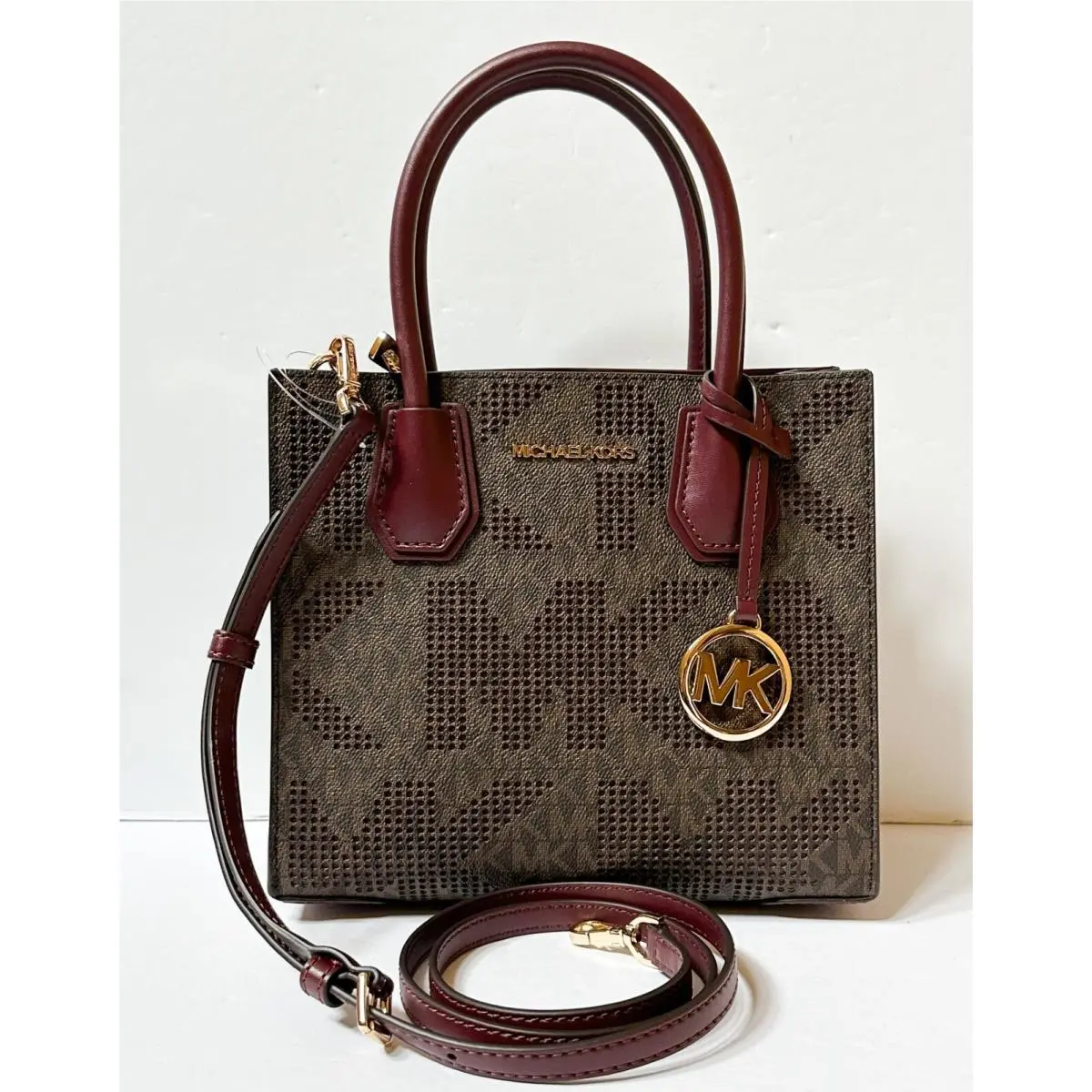 Mercer Medium Satchel Shoulder Messenger Crossbody Bag MK LASER CUT BROWN MERLOT by Michael Kors