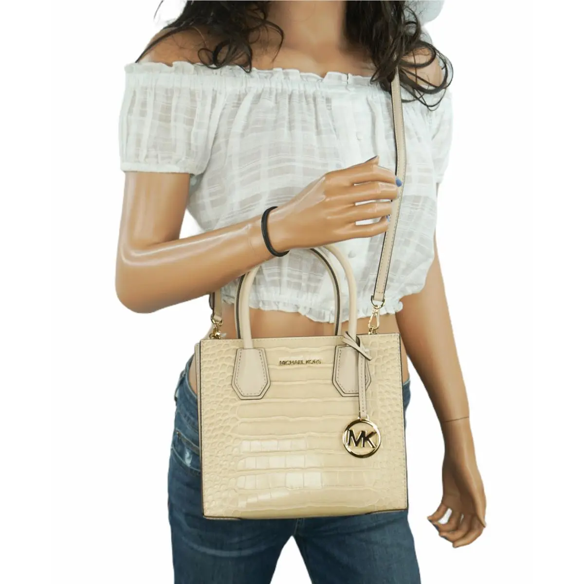 Mercer Medium Satchel Shoulder Messenger Crossbody Bag Buff/Embossed Leather by Michael Kors