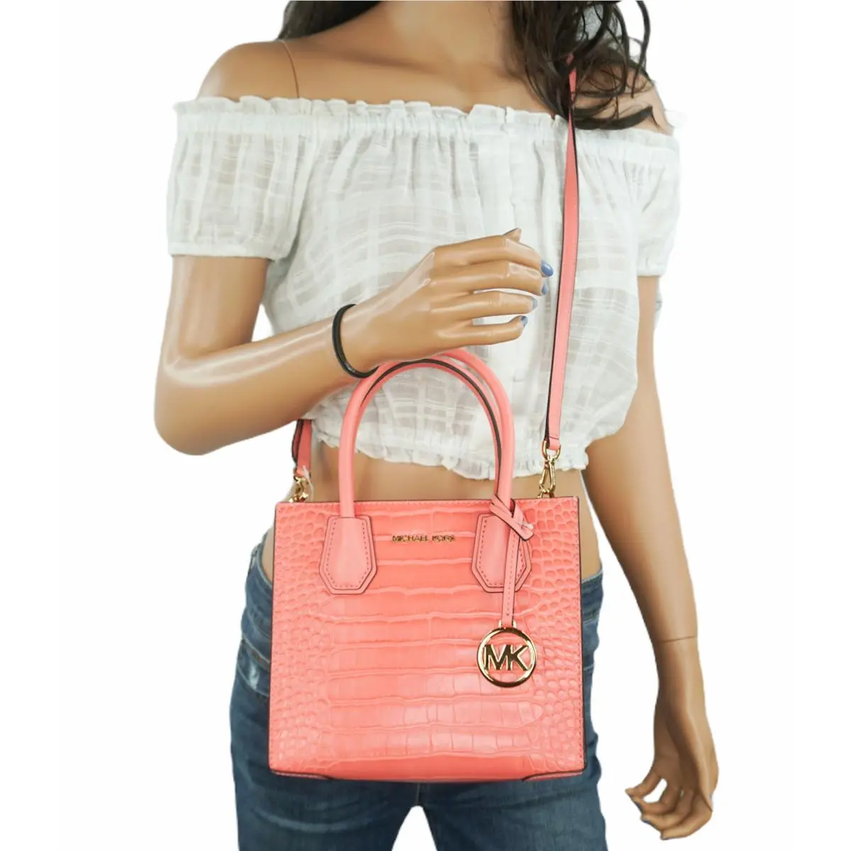 Mercer Medium Satchel Shoulder Messenger Crossbody Bag Grapefruit/Embossed Leather by Michael Kors