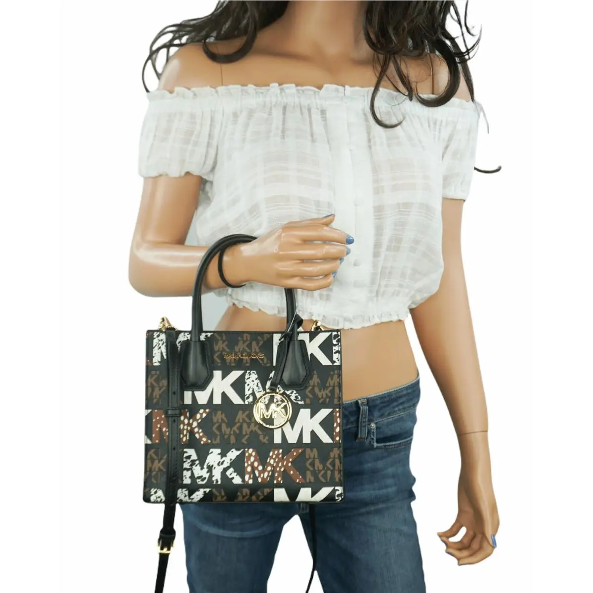 Mercer Medium Satchel Shoulder Messenger Crossbody Bag MK Exotic Graphic Logo Brown Black by Michael Kors
