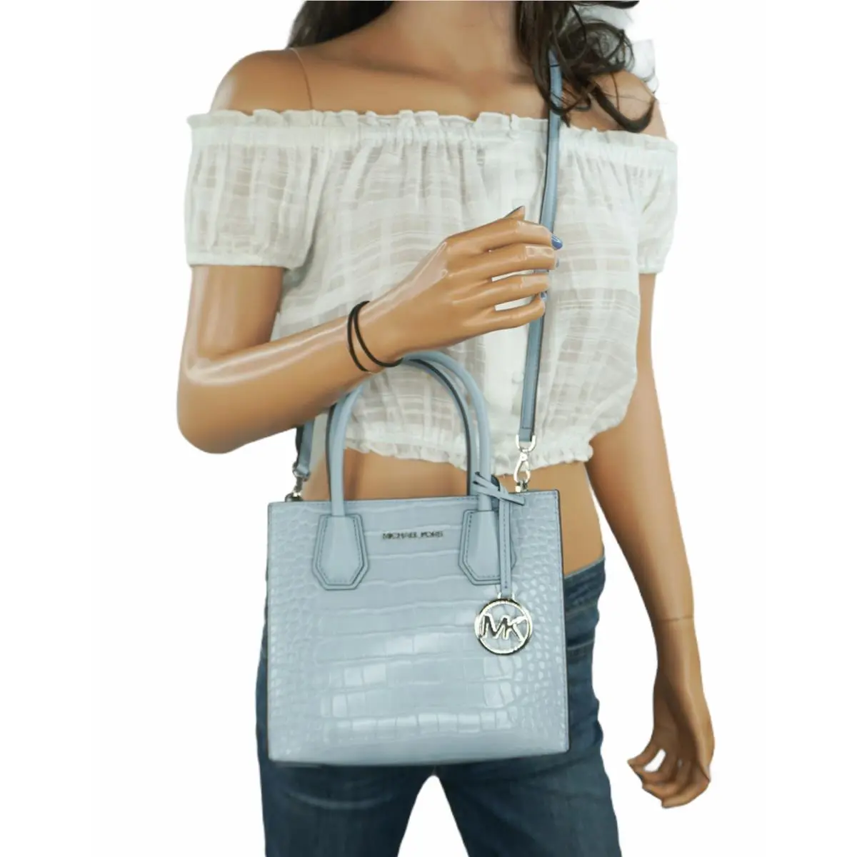 Mercer Medium Satchel Shoulder Messenger Crossbody Bag Pale Blue/Embossed Leather by Michael Kors