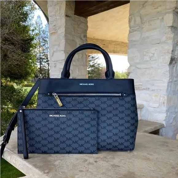 Hailee Signature Monogram Large Satchel/wristlet Options Black Handbag+Wallet Set by Michael Kors