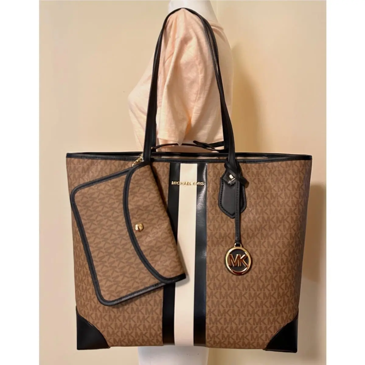 Michael Kors Eva Brown Multi MK Signature Pvc Large Travel Tote with Pouch