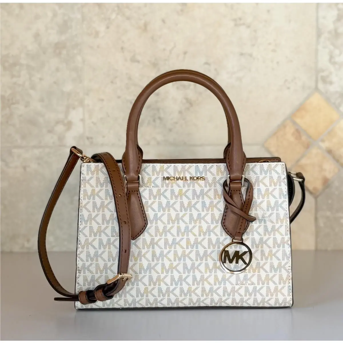Sheila Small Center Zip Satchel Shoulder Crossbody Bag MK VANILLA/BROWN by Michael Kors