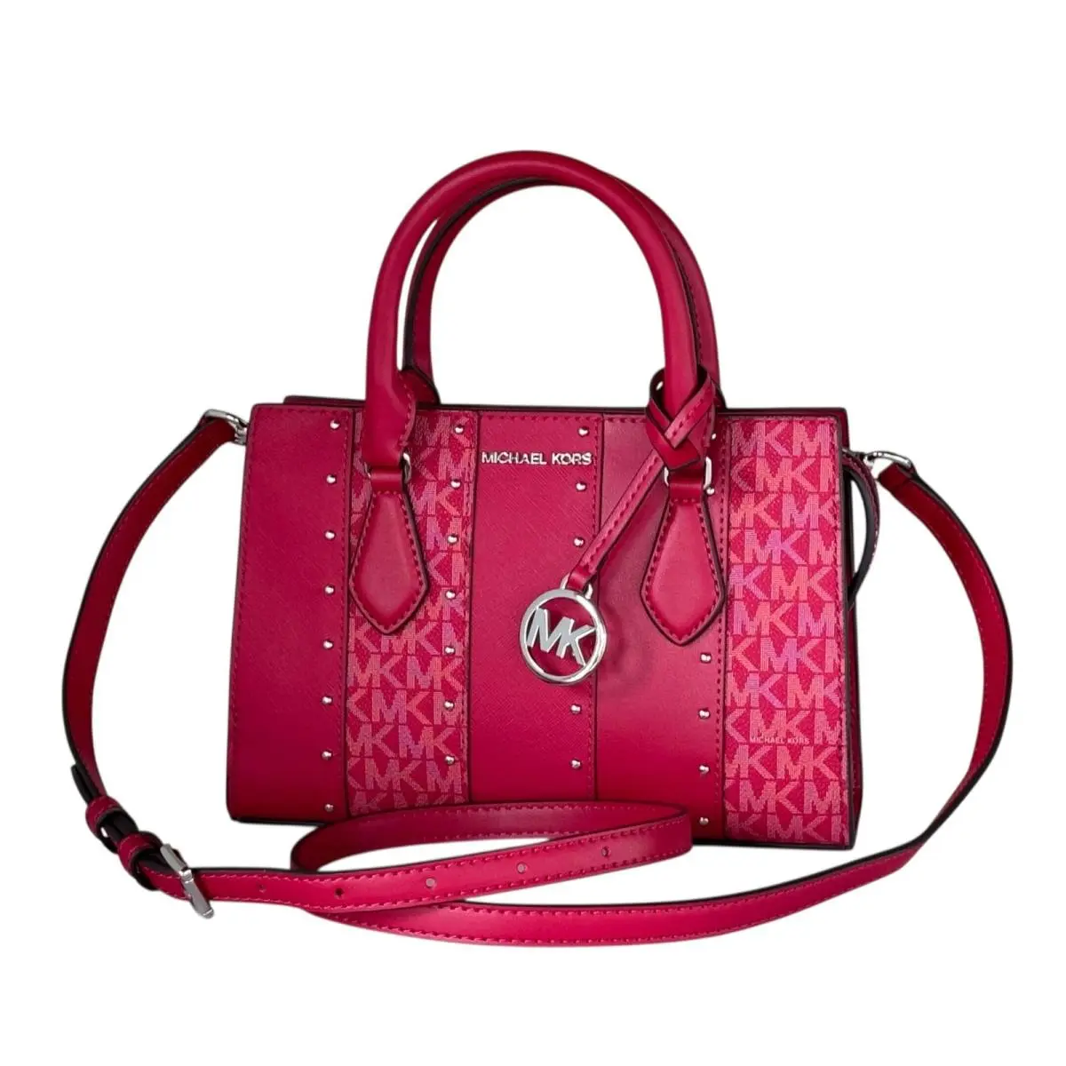 Sheila Small Center Zip Satchel Shoulder Crossbody Bag MK DEEP RASPBERRY/SILVER STUDDED by Michael Kors