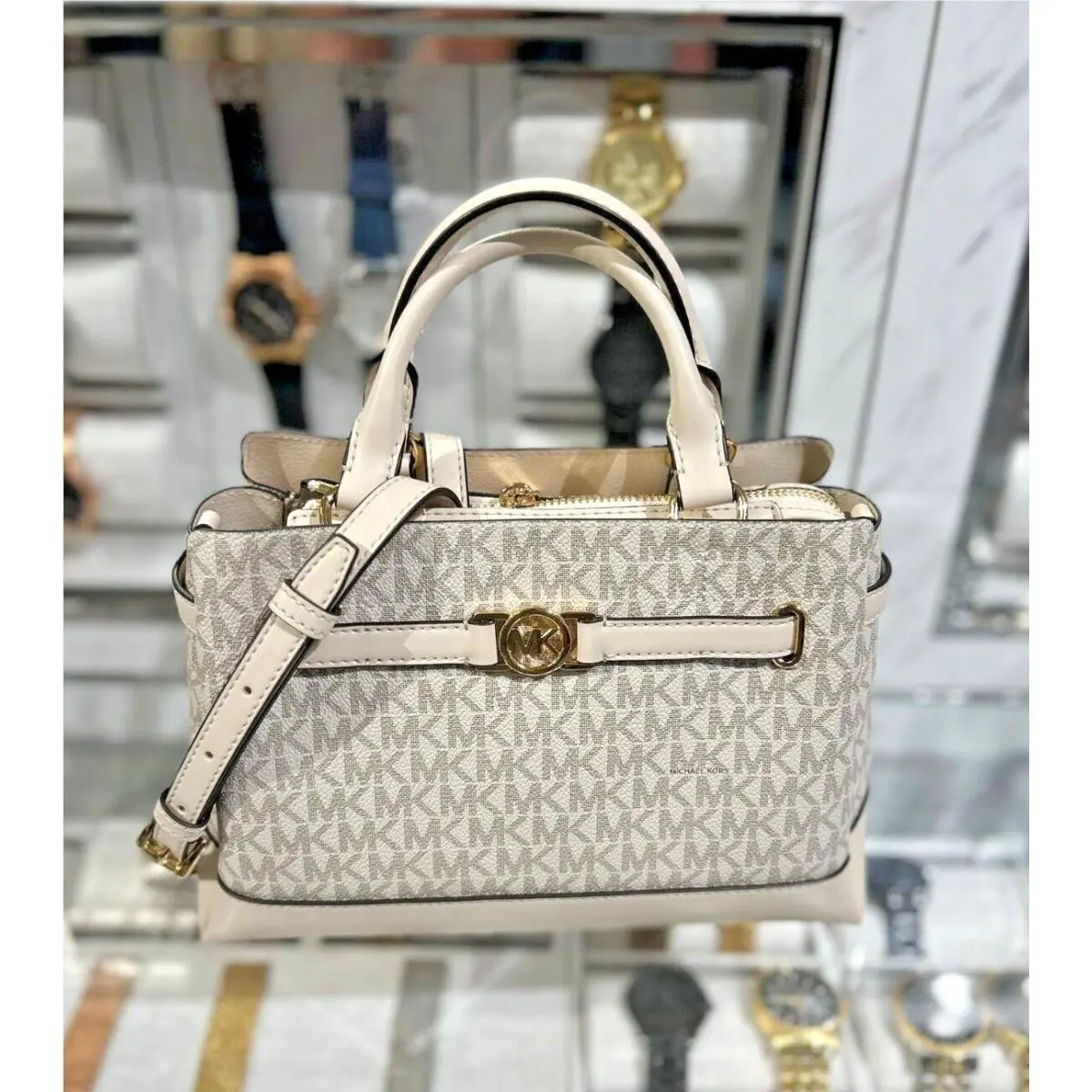 Michael Kors Reed Small Leather CZ Belted Logo Charm Crossbody Satchel Handbag