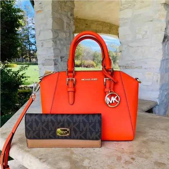 Michael Kors Ciara Medium Messenger Satchel Handbag+wallet Set Clementine