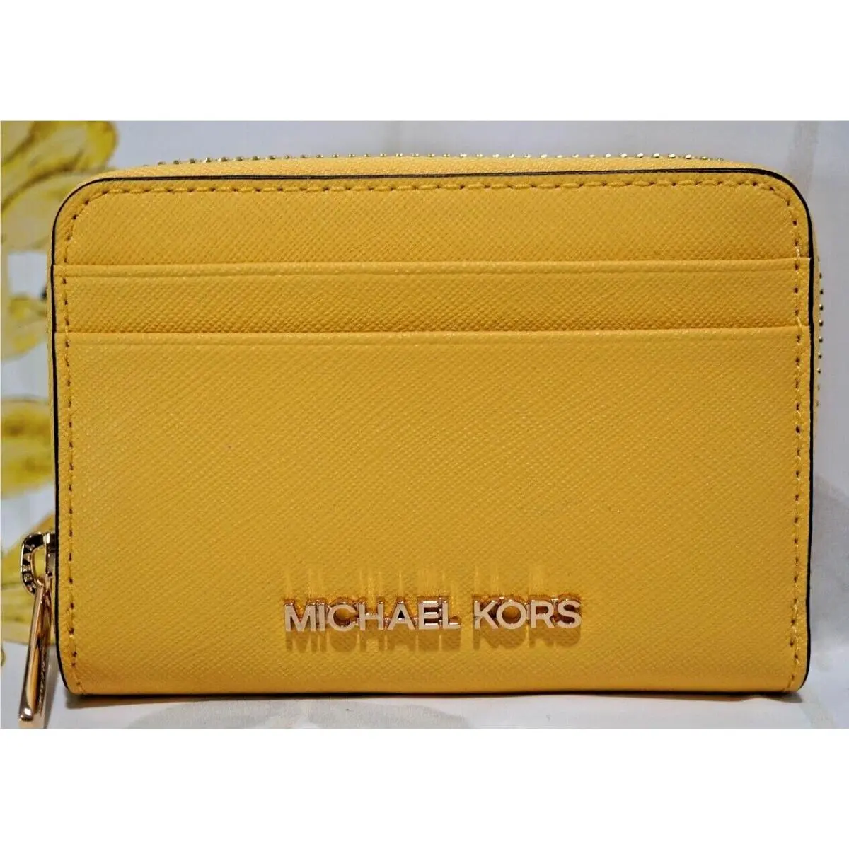 Jet Set Travel Medium Zip Around Card Case Wallet Saffiano Leather Daffodil Yellow / Gold Tone by Michael Kors