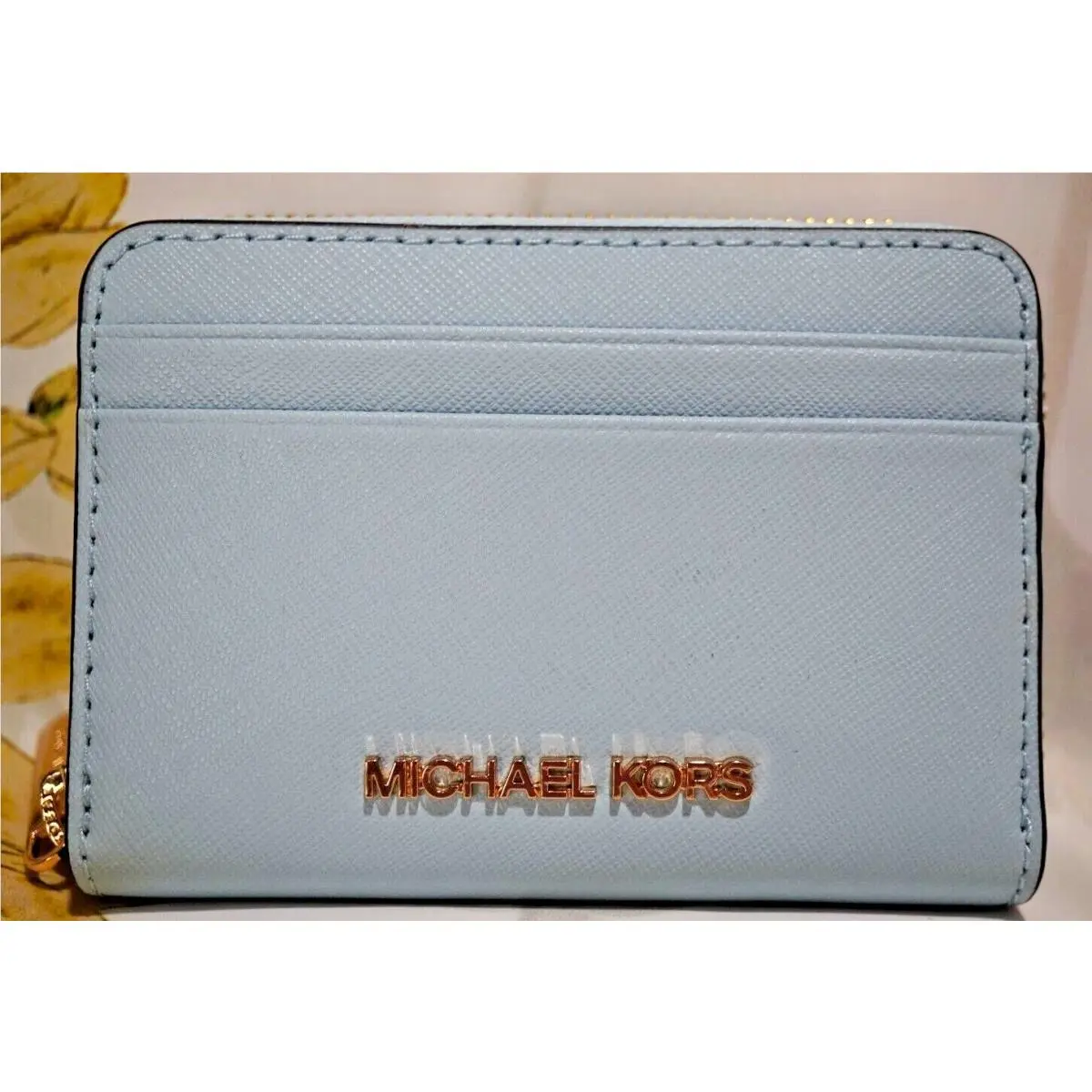 Jet Set Travel Medium Zip Around Card Case Wallet Saffiano Leather Vista Blue / Gold Tone by Michael Kors