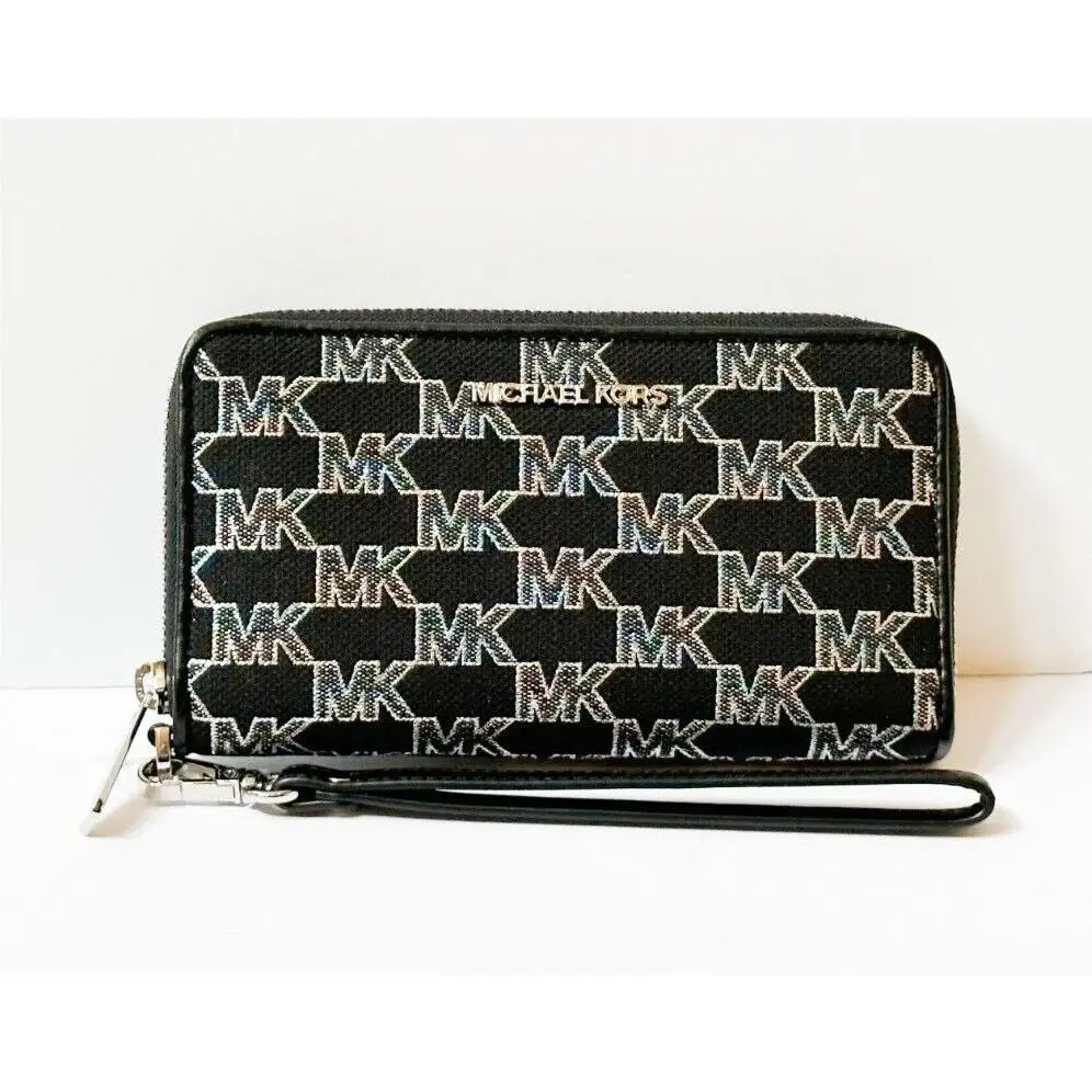 Jet Set Travel Multifunction Flat Large Phone Case Wallet MK GLITTER SILVER BLACK by Michael Kors