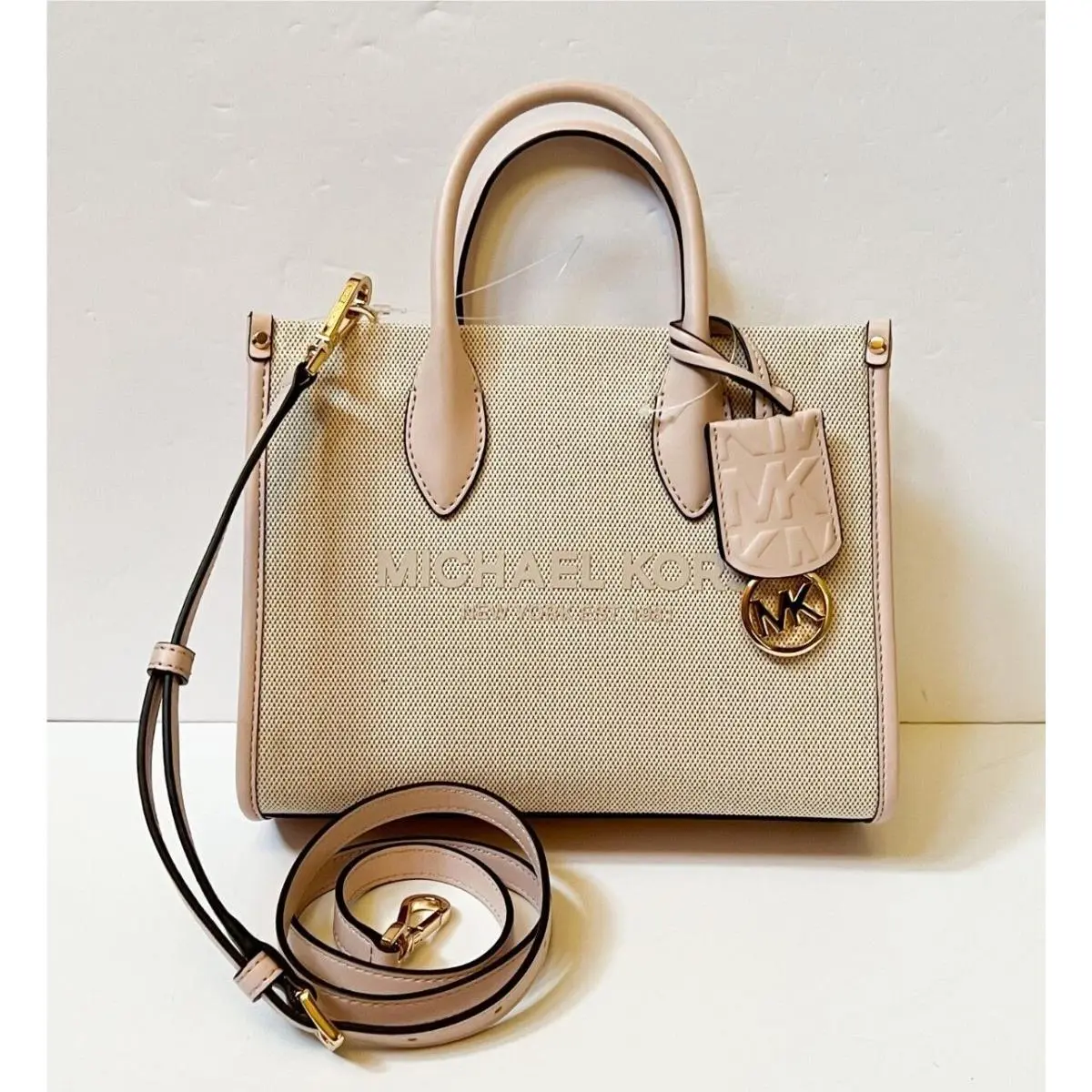 Mirella Small Shopper Top Zip Crossbody Satchel Bag Purse Natural Pink by Michael Kors