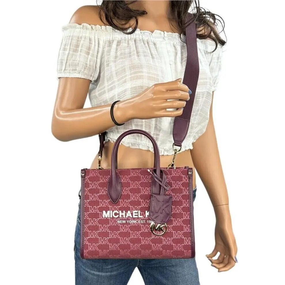 Mirella Small Shopper Top Zip Crossbody Satchel Bag Purse MK Glitter Gold/Mulberry by Michael Kors
