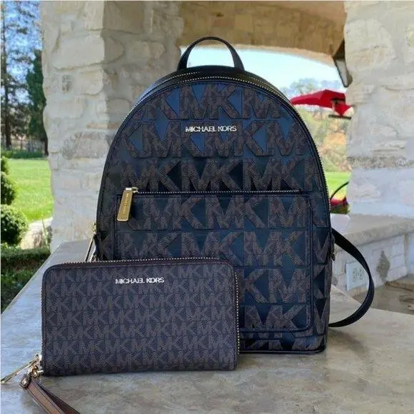 Michael Kors Adina Medium Backpack Brown/black MK Leather Pvc Logo/wallet Option