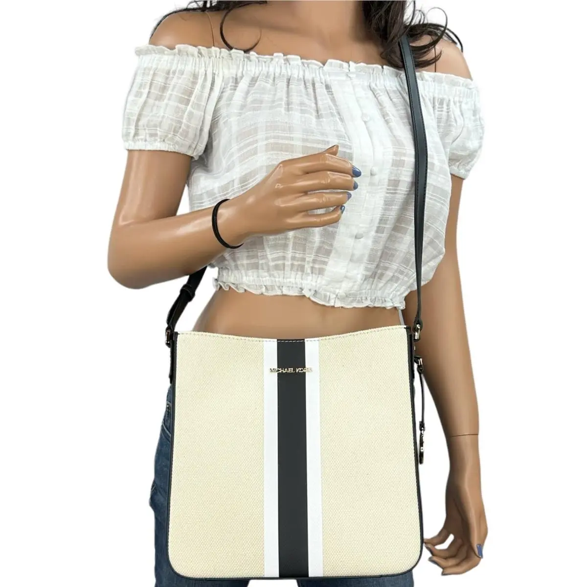 Jet Set Travel Large Messenger Shoulder Crossbody Bag CENTER STRIPE BLACK by Michael Kors