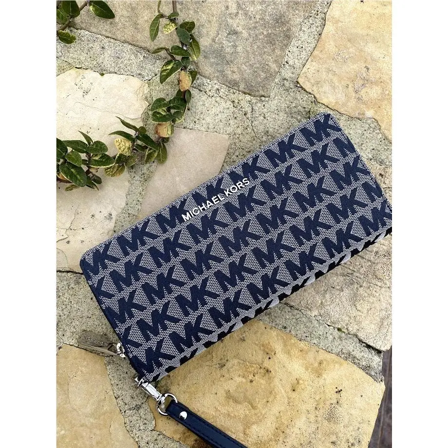 Michael Kors Ginger Signature Small Duffle MK Jacqaurd Bag/ LG Wallet Navy