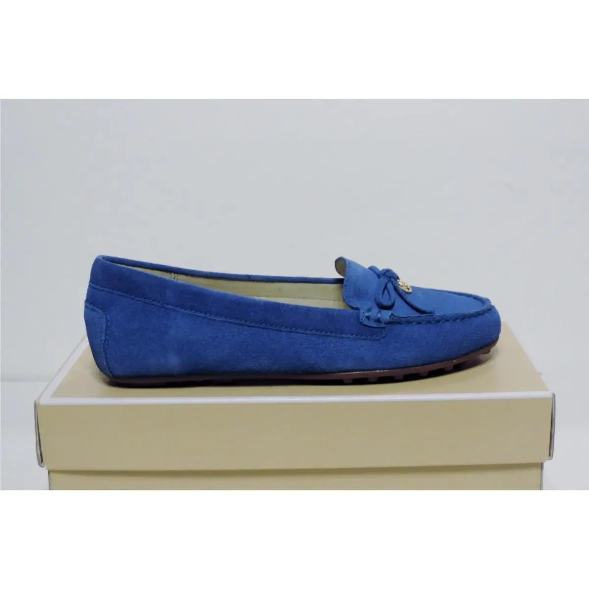 Michael Kors Everett Moc Flats Tumbled Leather Bow Suede Blue 5.5