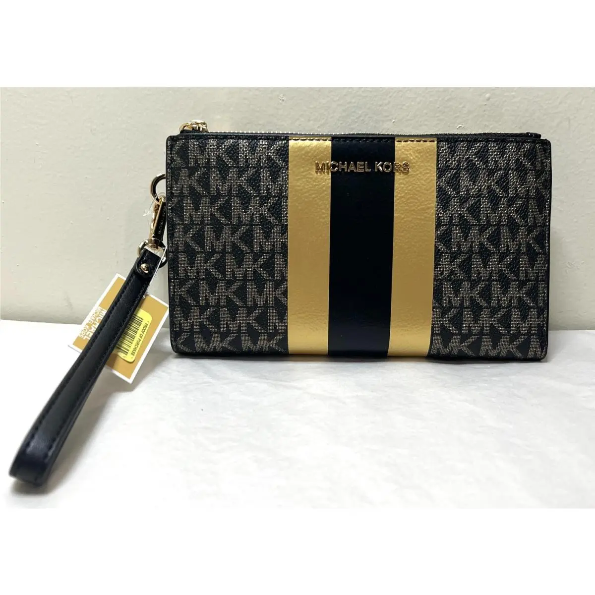 Jet Set Travel MK Logo Stripe Double Zip Phone Case Wristlet Wallet Black Gold by Michael Kors
