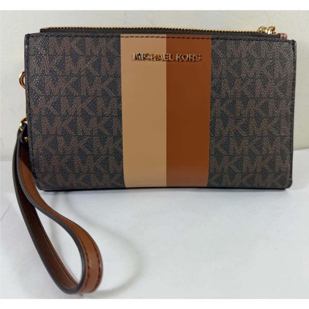 Jet Set Travel MK Logo Stripe Double Zip Phone Case Wristlet Wallet Brown MK/Luggage by Michael Kors