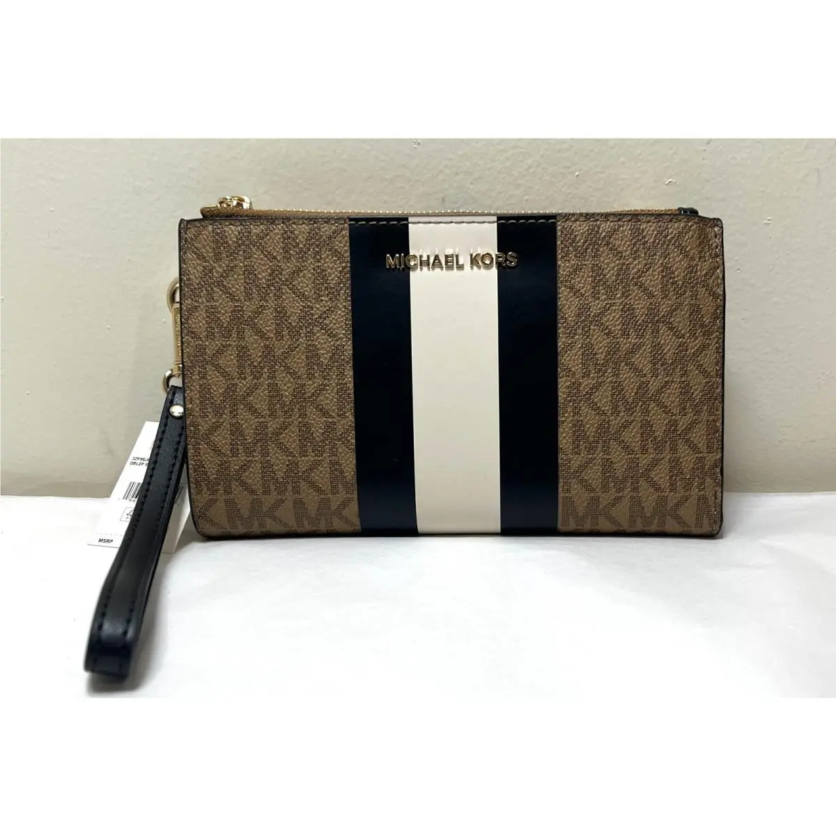 Jet Set Travel MK Logo Stripe Double Zip Phone Case Wristlet Wallet Husk Brown/multi by Michael Kors