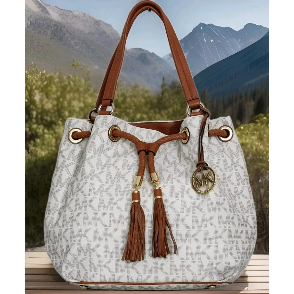 Michael Kors Jet Set Vanilla Logo MK Signature Gathered Tassel Tote Bag