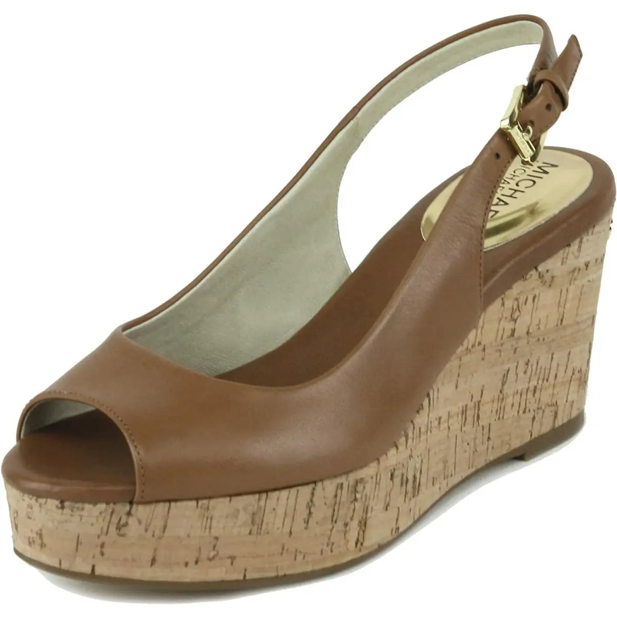 Women`s Natalia Sling Wedge Sandal Leather Peep-toe Luggage LUGGAGE by Michael Kors