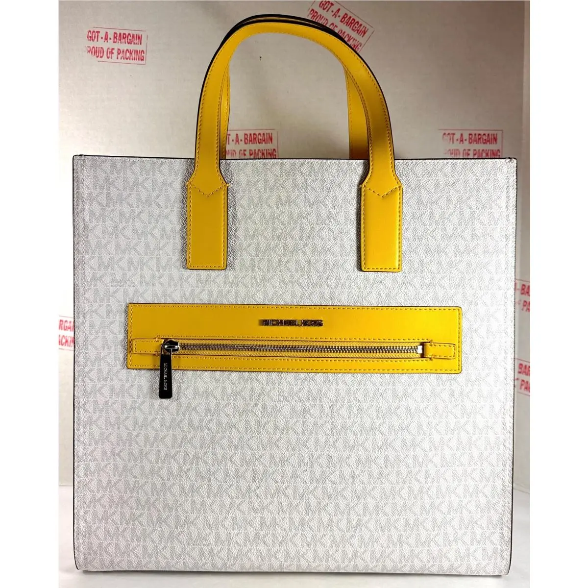 Kenly MK Logo White Yellow Large NS Tote Shoulder Bag by Michael Kors