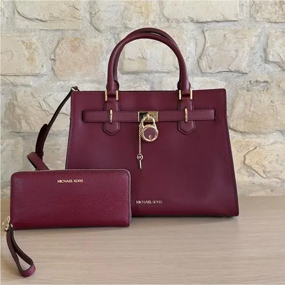 Hamilton Medium Satchel Leather Bag Dark Cherry/wallet Option Handbag+Wallet by Michael Kors