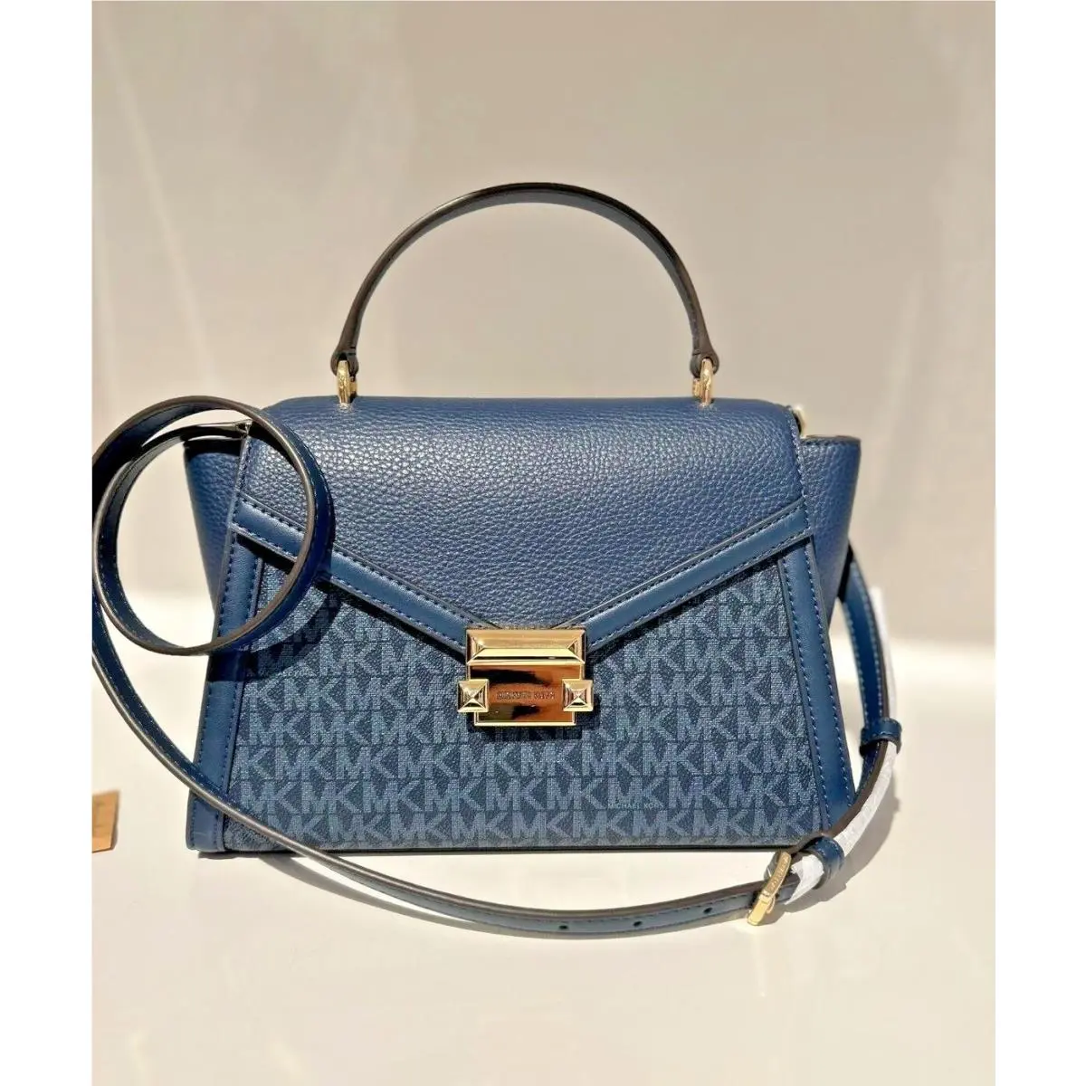 Whitney Medium Flap Shoulder Satchel Bag Handbag Purse MK Signature NAVY by Michael Kors