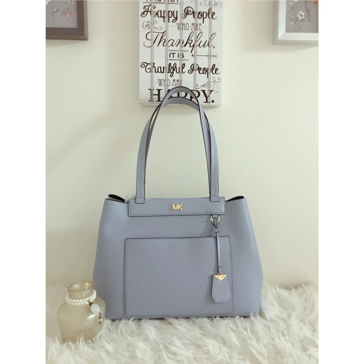 Michael Kors Meredith Medium East West Bonded Leather Shoulder Tote Pale Blue