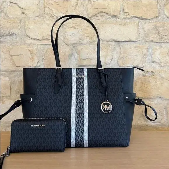 Gilly Large Drawstring Tote Shoulder Bag MK Black/wallet Options Handbag+Wallet by Michael Kors
