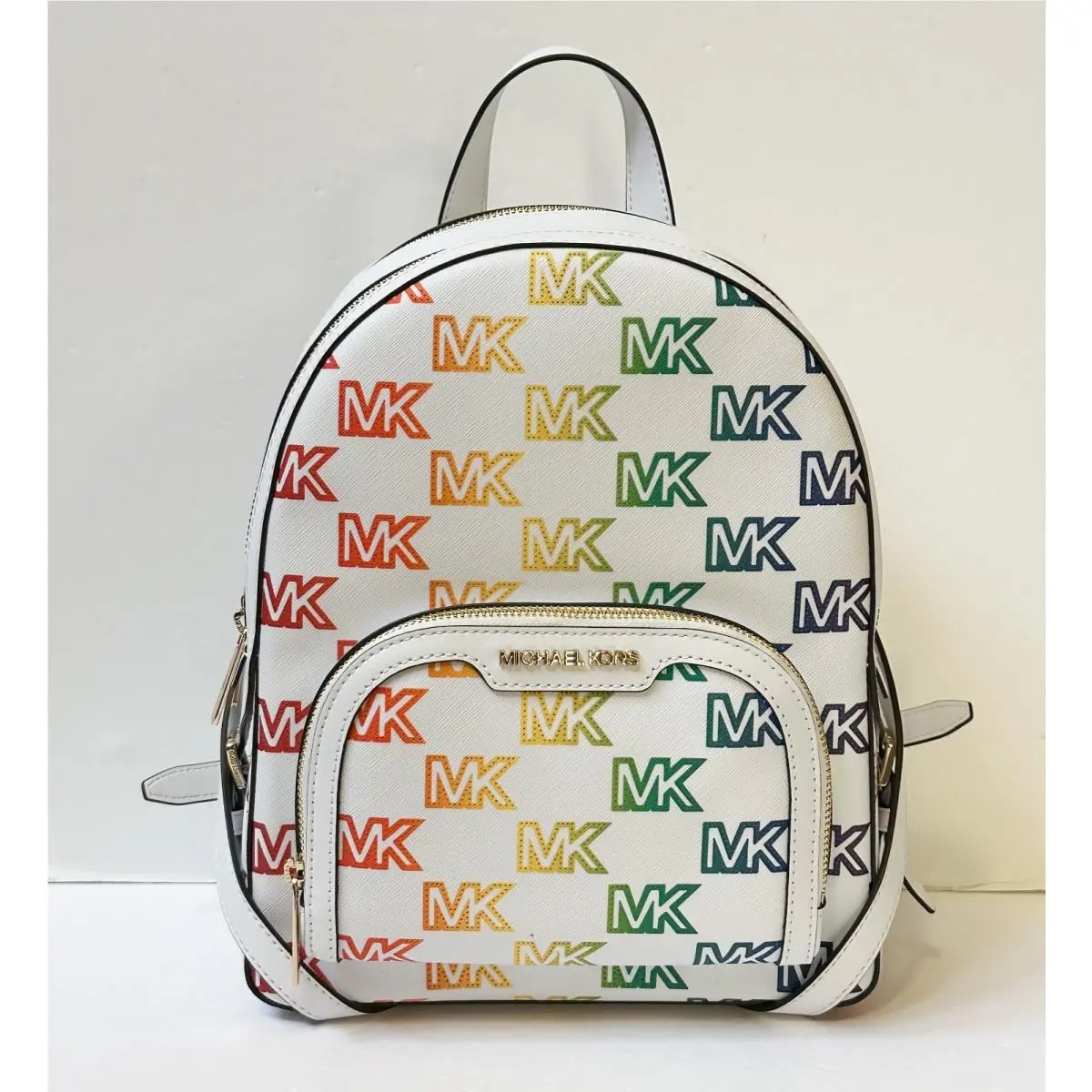 Jaycee Medium Zip Pocket Backpack MK RAINBOW OPTIC WHITE MULTI by Michael Kors