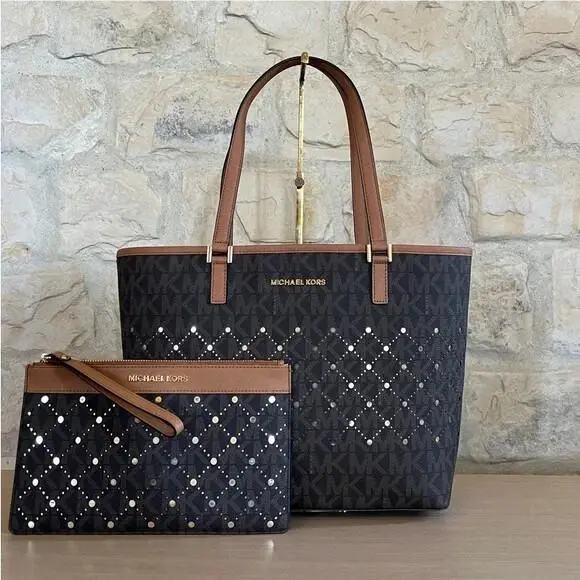 Jet Set Violet Small Tote Brown Logo Perforated /wristlet Option Handbag+Wristlet by Michael Kors