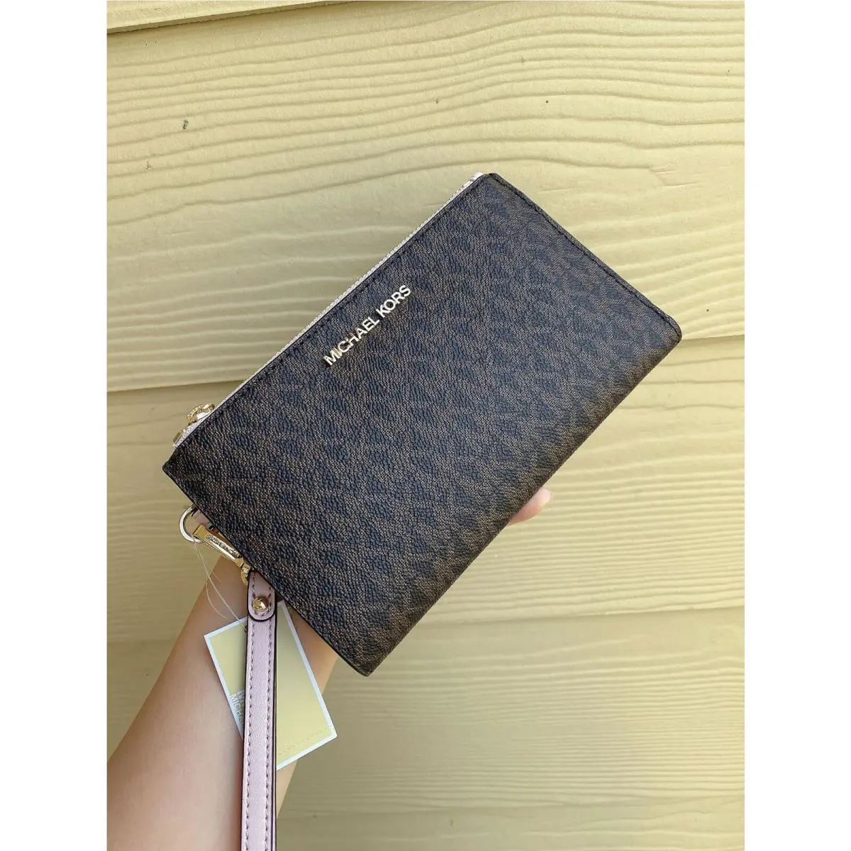 Signature Jet Set Double Zip Wallet Wristlets Brown Signature Powder Blush/Gold by Michael Kors