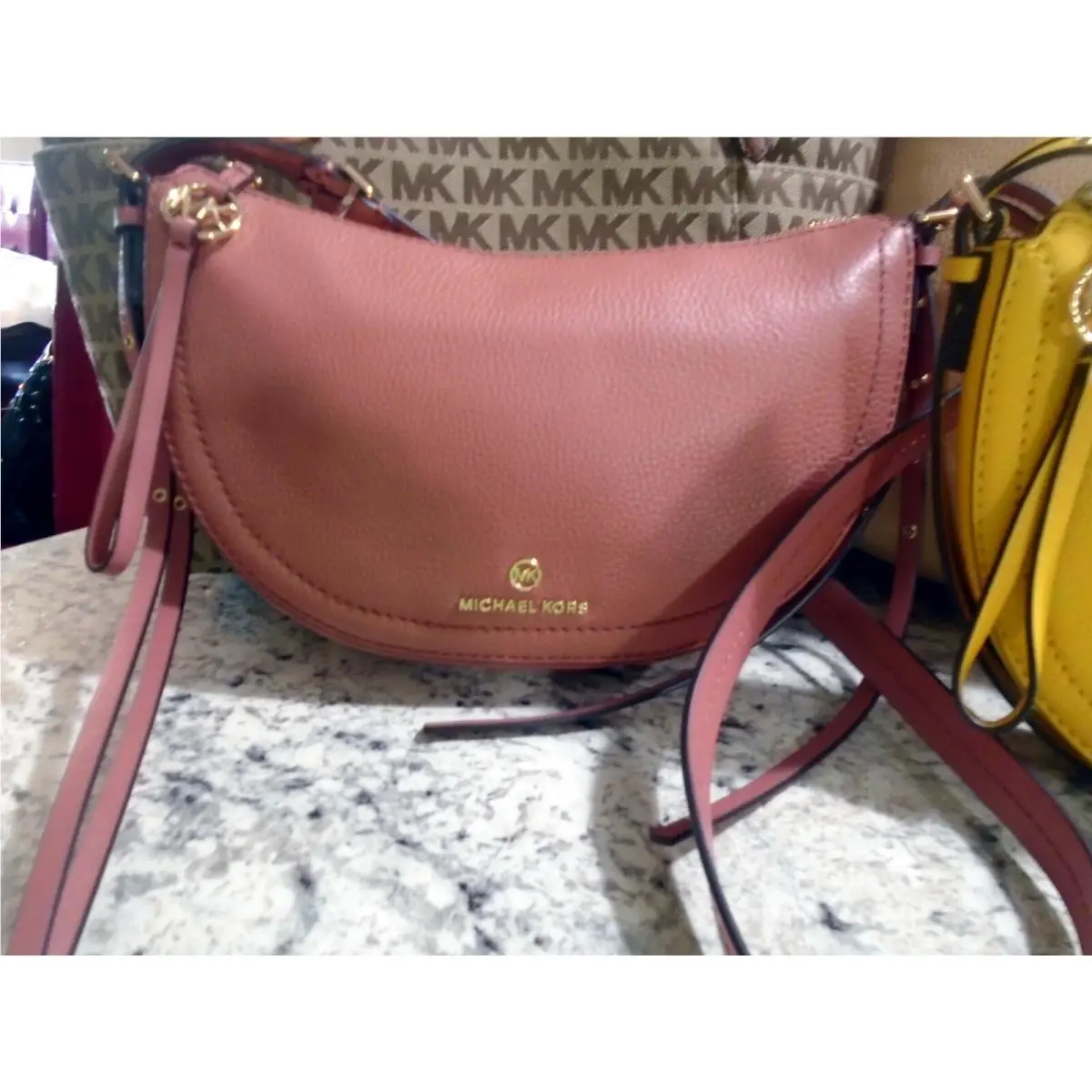 Michael Kors Camden Small Messenger Bag Sunset Peach Sunflower Yellow Brown