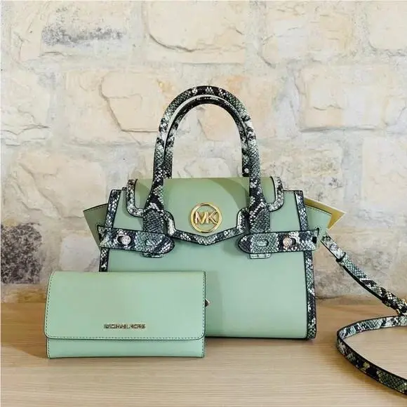Carmen Medium Flap Satchel Shoulder Bag MK Light Sage Wallet Option handbag+Wallet by Michael Kors