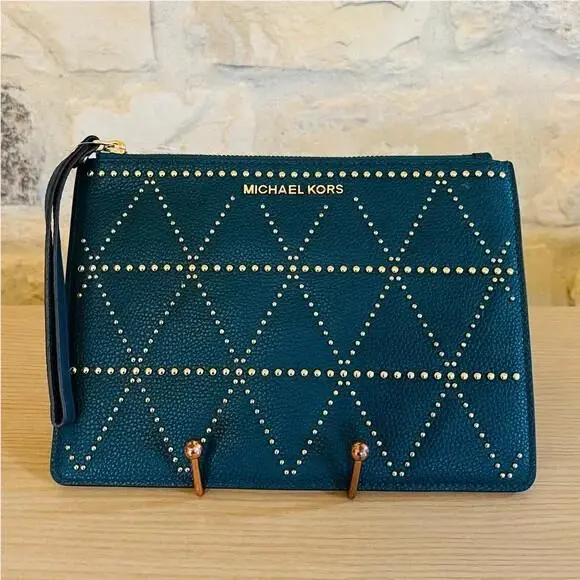 Leather Jet Set Travel XL Zip Clutch Various Colors and Designs Deep Teal+Gold by Michael Kors