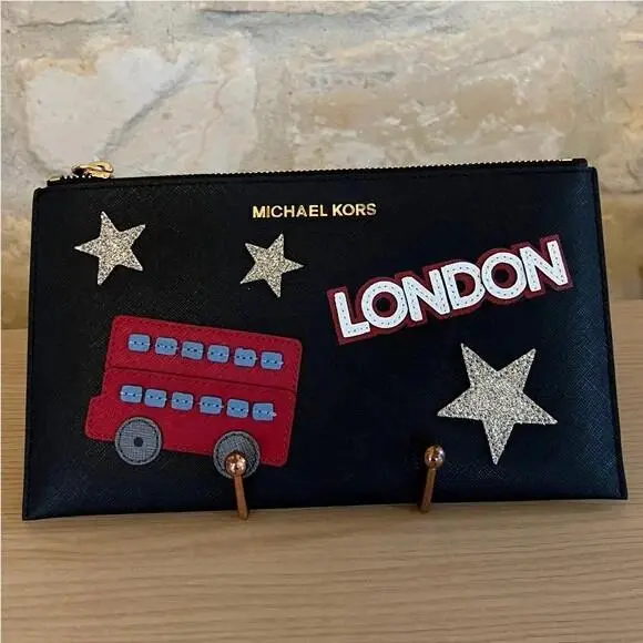 Leather Jet Set Travel XL Zip Clutch Various Colors and Designs Black+Gold+London by Michael Kors