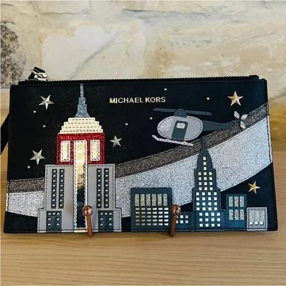 Leather Jet Set Travel XL Zip Clutch Various Colors and Designs Black+Silver+NYC by Michael Kors