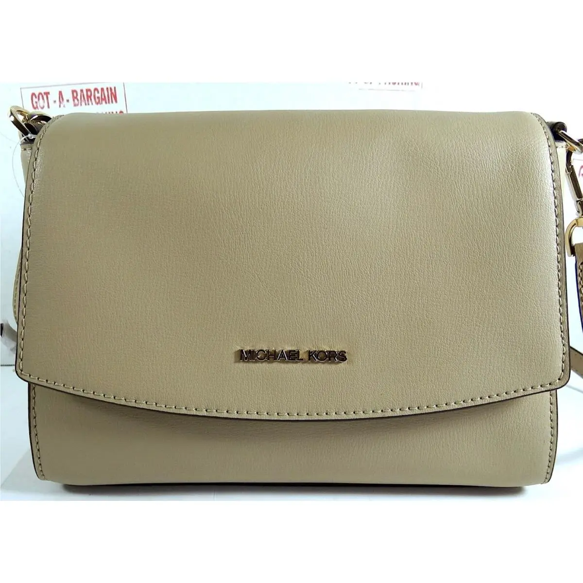 Ellis Medium Leather Flap Messenger Crossbody Bag Beige Bisque/GOLD by Michael Kors